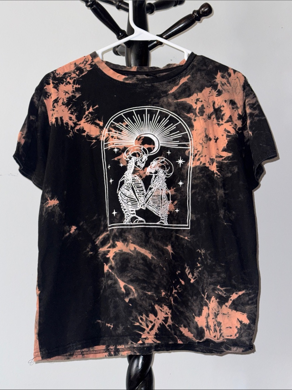 Black & Coral Tie-Dye Graphic Tee with Skeleton Design 3.T